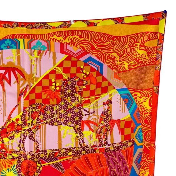 HERMES Orange & Multicolor 100% Silk Ex-Libris En Kimonos Pattern Scarf France - Picture 4 of 11